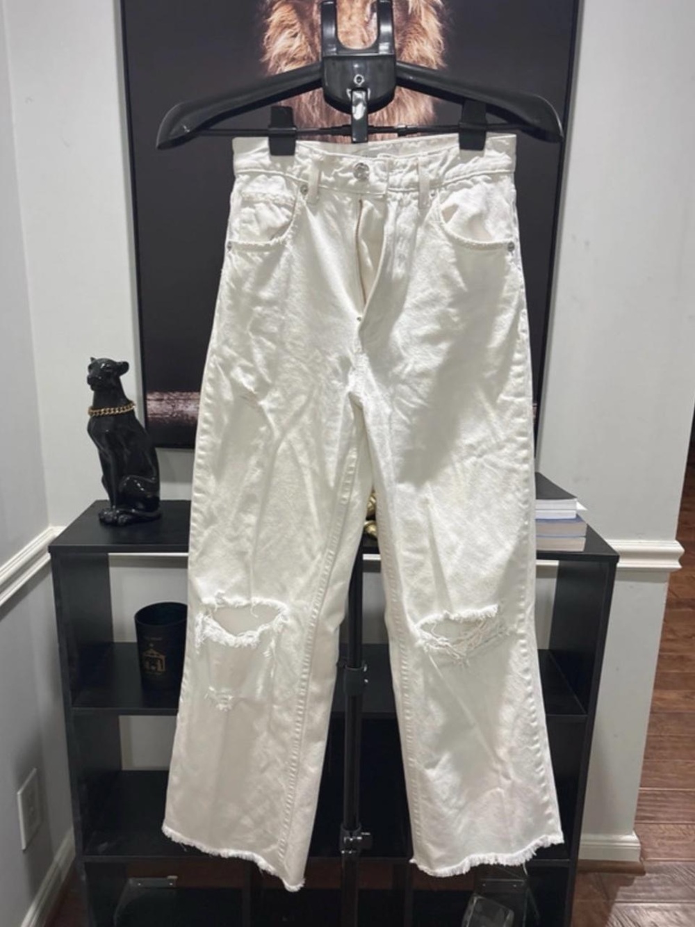 Zara White Distressed Straight-Leg Chinos
